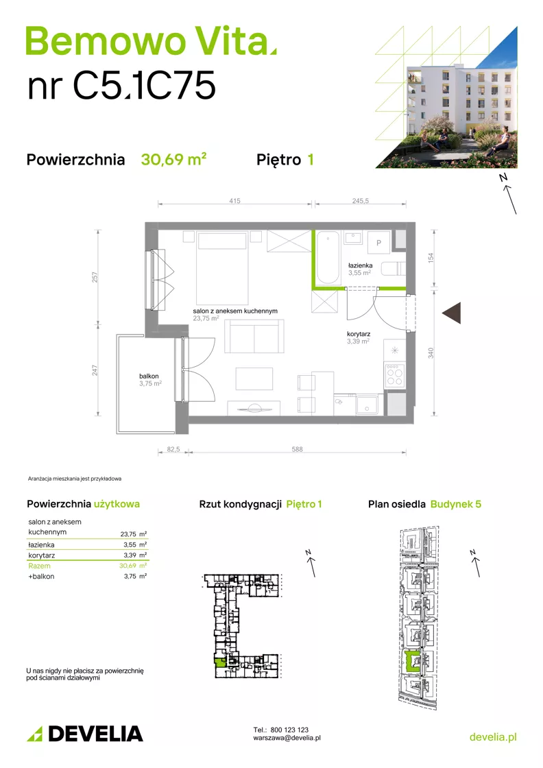 1 pokój, mieszkanie 30,69 m², piętro 1, oferta nr C5.1C75, Bemowo Vita etap V, Warszawa, Bemowo, Chrzanów, ul. Szeligowska 57