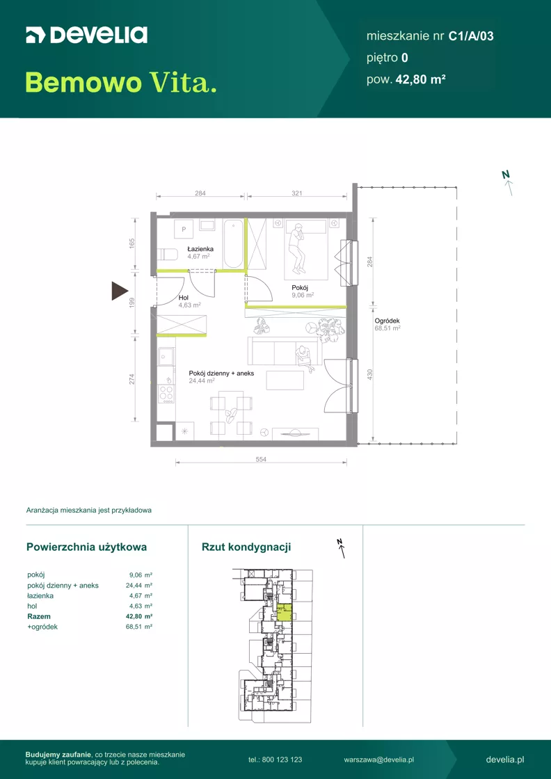 2 pokoje, mieszkanie 42,80 m², parter, oferta nr C1/A/03, Bemowo Vita etap VIII, Warszawa, Bemowo, Chrzanów, ul. Szeligowska 57