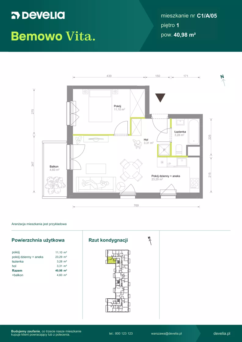 2 pokoje, mieszkanie 40,98 m², piętro 1, oferta nr C1/A/05, Bemowo Vita etap VIII, Warszawa, Bemowo, Chrzanów, ul. Szeligowska 57