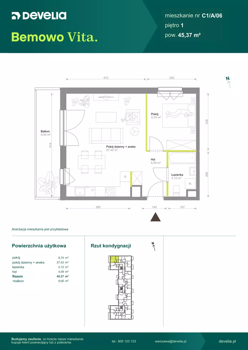 2 pokoje, mieszkanie 45,37 m², piętro 1, oferta nr C1/A/06, Bemowo Vita etap VIII, Warszawa, Bemowo, Chrzanów, ul. Szeligowska 57