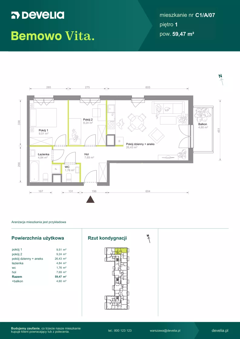 3 pokoje, mieszkanie 59,47 m², piętro 1, oferta nr C1/A/07, Bemowo Vita etap VIII, Warszawa, Bemowo, Chrzanów, ul. Szeligowska 57