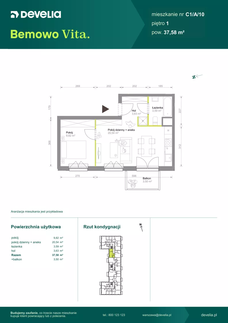 2 pokoje, mieszkanie 37,58 m², piętro 1, oferta nr C1/A/10, Bemowo Vita etap VIII, Warszawa, Bemowo, Chrzanów, ul. Szeligowska 57