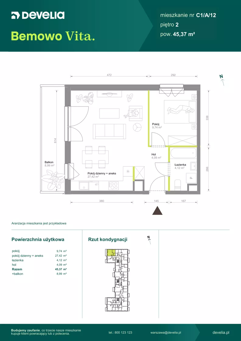2 pokoje, mieszkanie 45,37 m², piętro 2, oferta nr C1/A/12, Bemowo Vita etap VIII, Warszawa, Bemowo, Chrzanów, ul. Szeligowska 57