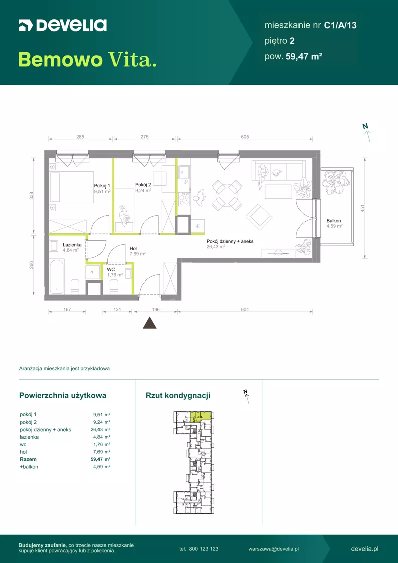 3 pokoje, mieszkanie 59,47 m², piętro 2, oferta nr C1/A/13, Bemowo Vita etap VIII, Warszawa, Bemowo, Chrzanów, ul. Szeligowska 57