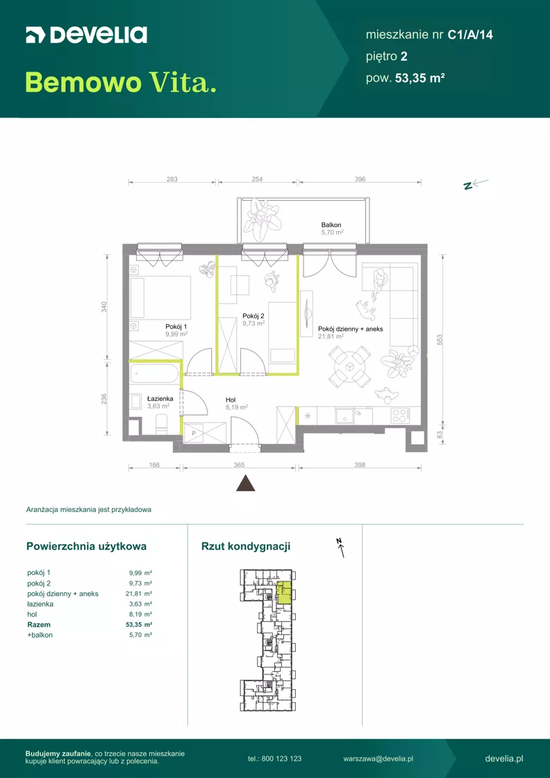 3 pokoje, mieszkanie 53,35 m², piętro 2, oferta nr C1/A/14, Bemowo Vita etap VIII, Warszawa, Bemowo, Chrzanów, ul. Szeligowska 57