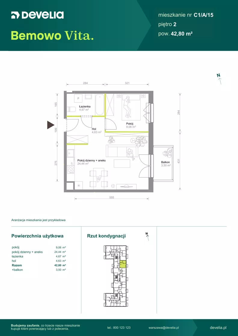 2 pokoje, mieszkanie 42,80 m², piętro 2, oferta nr C1/A/15, Bemowo Vita etap VIII, Warszawa, Bemowo, Chrzanów, ul. Szeligowska 57