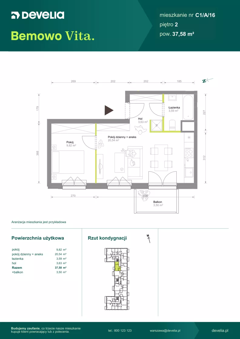 2 pokoje, mieszkanie 37,58 m², piętro 2, oferta nr C1/A/16, Bemowo Vita etap VIII, Warszawa, Bemowo, Chrzanów, ul. Szeligowska 57