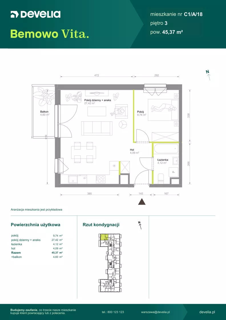 2 pokoje, mieszkanie 45,37 m², piętro 3, oferta nr C1/A/18, Bemowo Vita etap VIII, Warszawa, Bemowo, Chrzanów, ul. Szeligowska 57