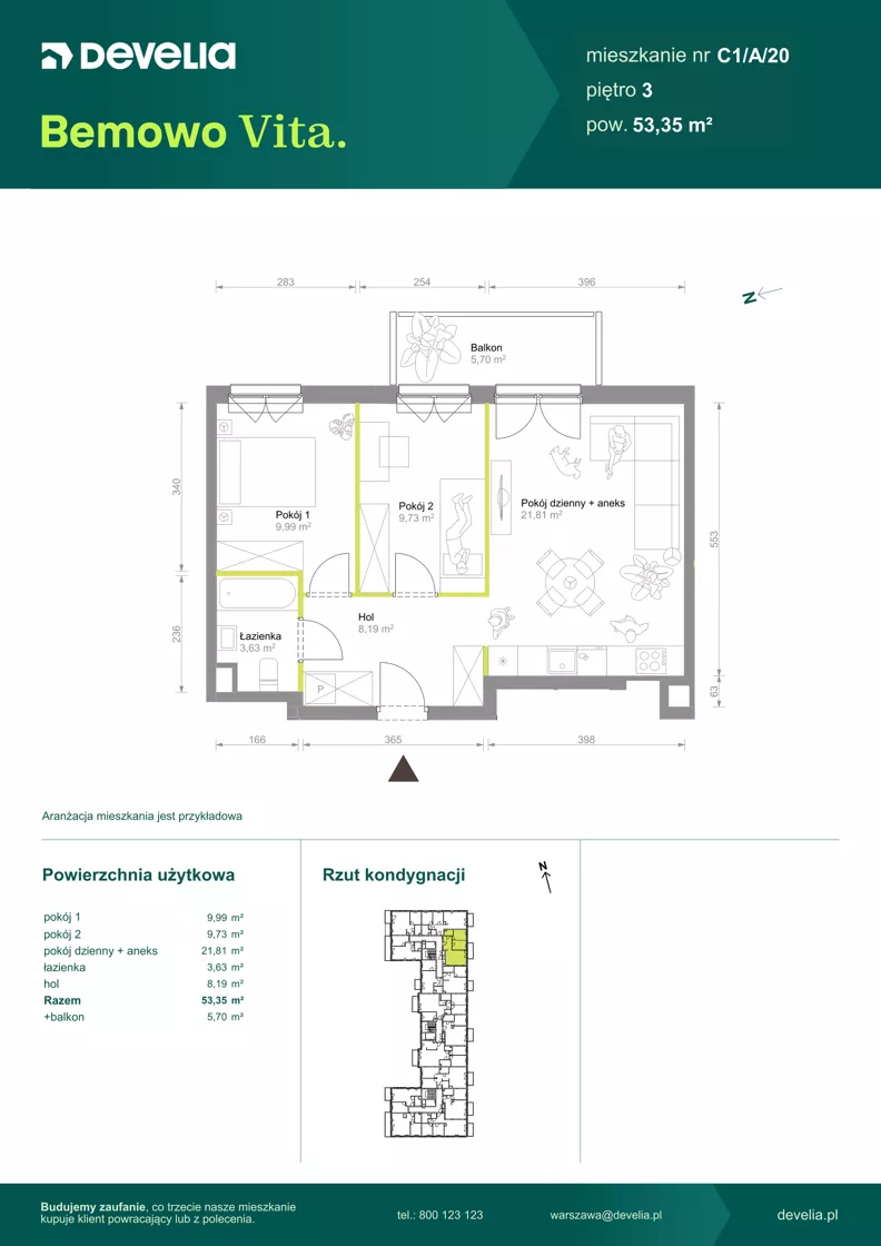 3 pokoje, mieszkanie 53,35 m², piętro 3, oferta nr C1/A/20, Bemowo Vita etap VIII, Warszawa, Bemowo, Chrzanów, ul. Szeligowska 57