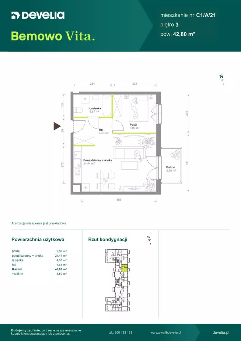 2 pokoje, mieszkanie 42,80 m², piętro 3, oferta nr C1/A/21, Bemowo Vita etap VIII, Warszawa, Bemowo, Chrzanów, ul. Szeligowska 57