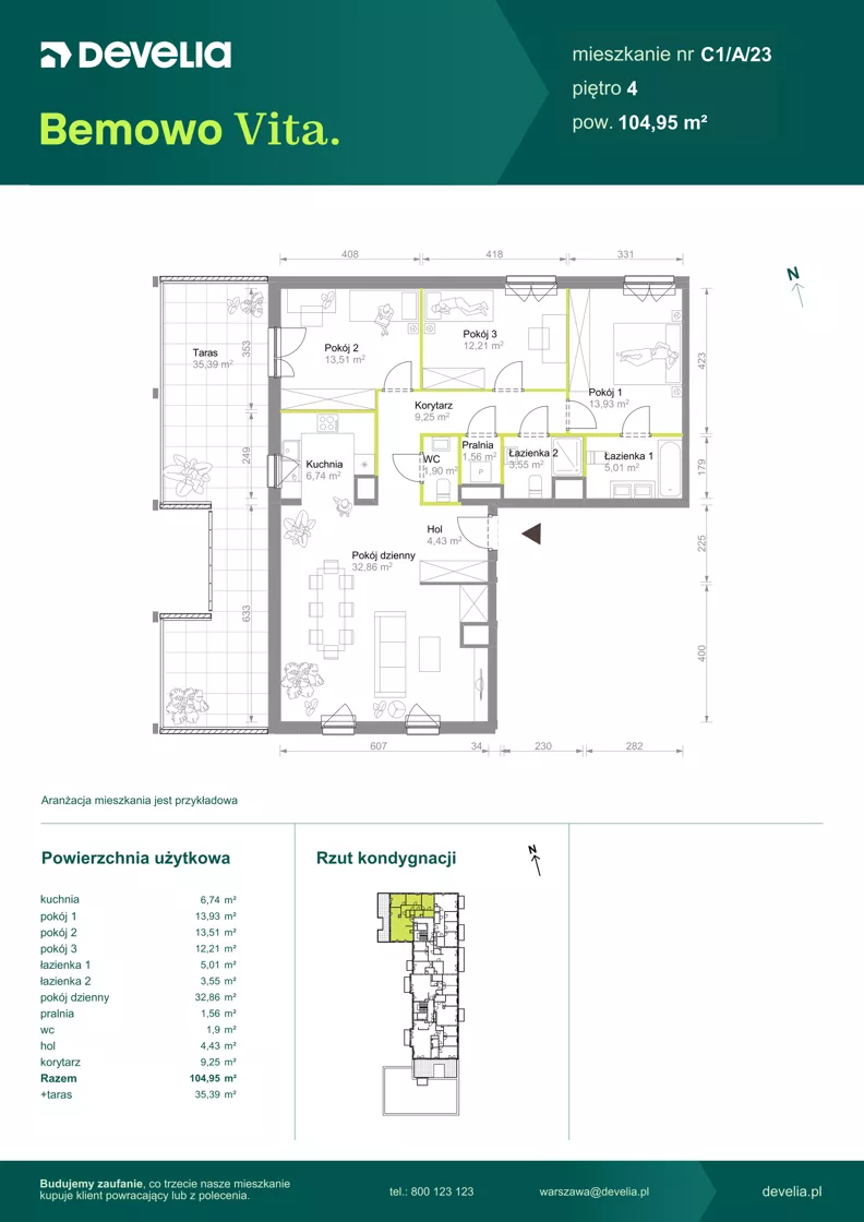4 pokoje, mieszkanie 104,95 m², piętro 4, oferta nr C1/A/23, Bemowo Vita etap VIII, Warszawa, Bemowo, Chrzanów, ul. Szeligowska 57