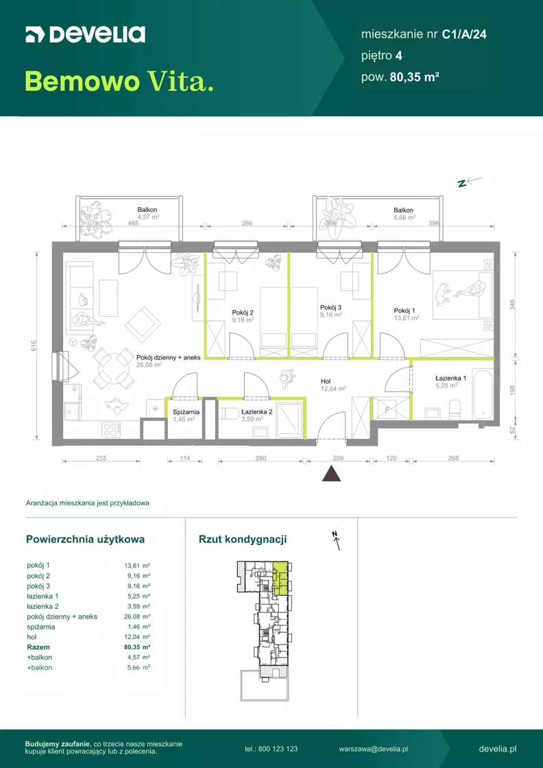 4 pokoje, mieszkanie 80,35 m², piętro 4, oferta nr C1/A/24, Bemowo Vita etap VIII, Warszawa, Bemowo, Chrzanów, ul. Szeligowska 57