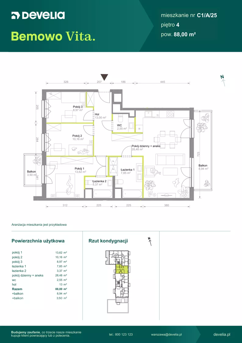 4 pokoje, mieszkanie 88,00 m², piętro 4, oferta nr C1/A/25, Bemowo Vita etap VIII, Warszawa, Bemowo, Chrzanów, ul. Szeligowska 57