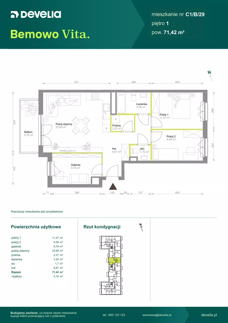 4 pokoje, mieszkanie 71,42 m², piętro 1, oferta nr C1/B/29, Bemowo Vita etap VIII, Warszawa, Bemowo, Chrzanów, ul. Szeligowska 57