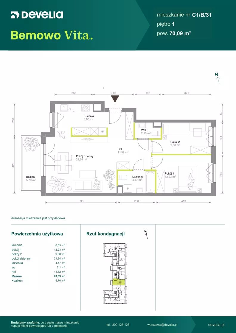 3 pokoje, mieszkanie 70,09 m², piętro 1, oferta nr C1/B/31, Bemowo Vita etap VIII, Warszawa, Bemowo, Chrzanów, ul. Szeligowska 57