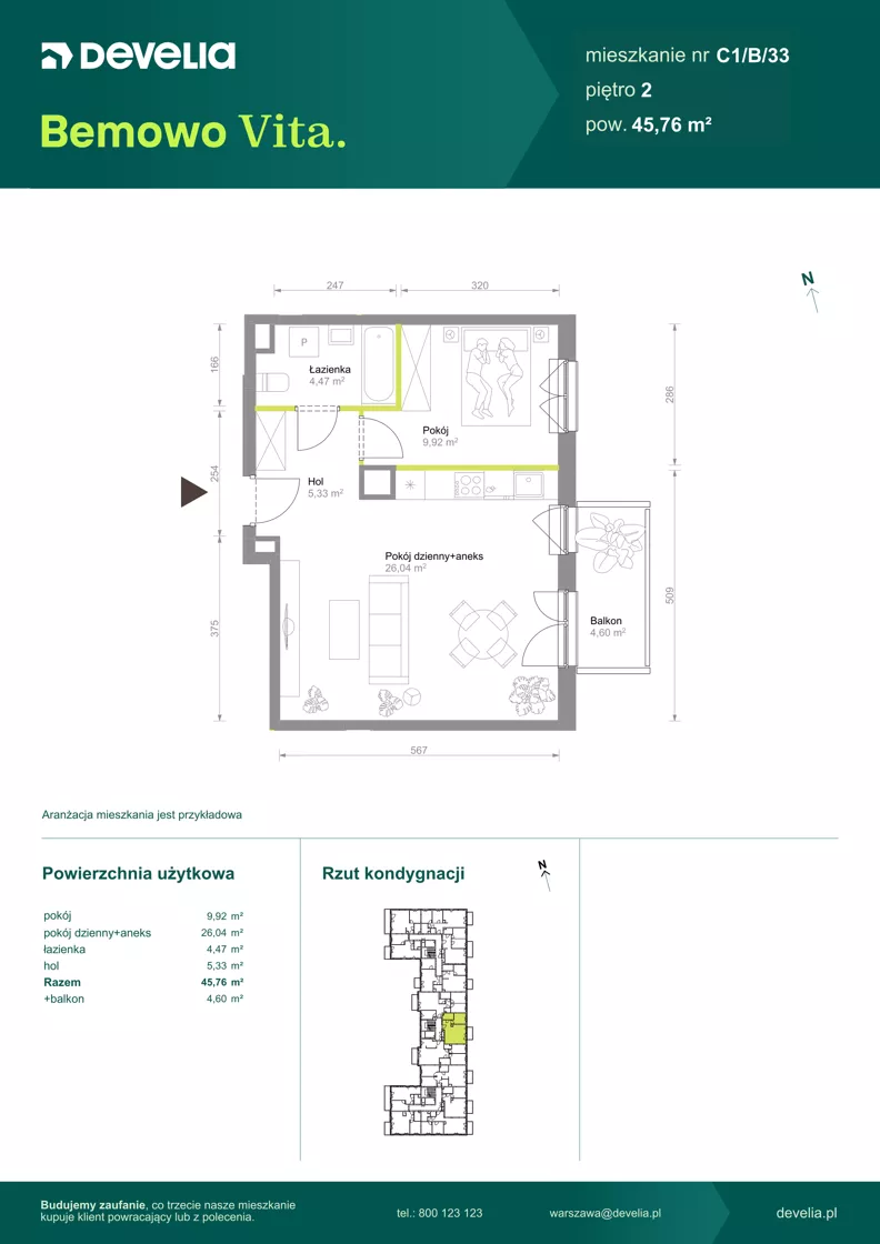 2 pokoje, mieszkanie 45,76 m², piętro 2, oferta nr C1/B/33, Bemowo Vita etap VIII, Warszawa, Bemowo, Chrzanów, ul. Szeligowska 57