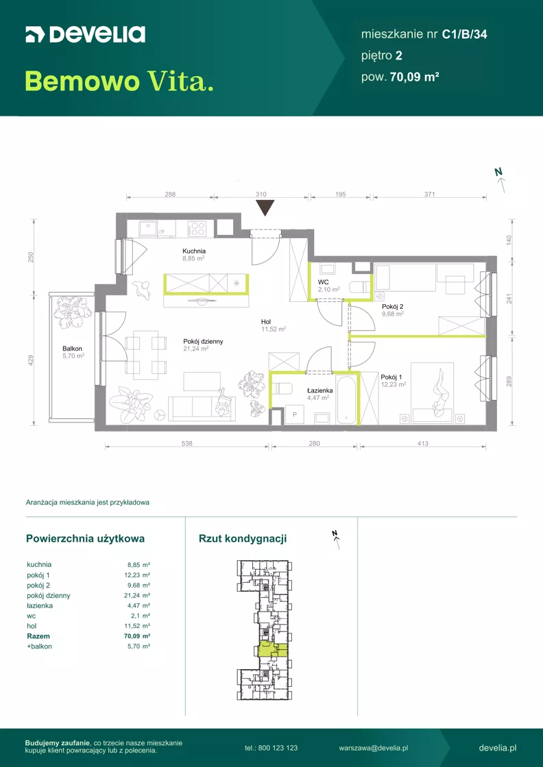 3 pokoje, mieszkanie 70,09 m², piętro 2, oferta nr C1/B/34, Bemowo Vita etap VIII, Warszawa, Bemowo, Chrzanów, ul. Szeligowska 57