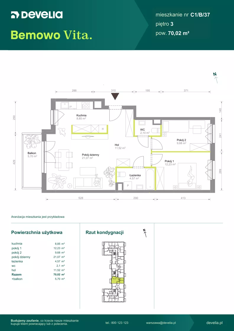 3 pokoje, mieszkanie 70,02 m², piętro 3, oferta nr C1/B/37, Bemowo Vita etap VIII, Warszawa, Bemowo, Chrzanów, ul. Szeligowska 57