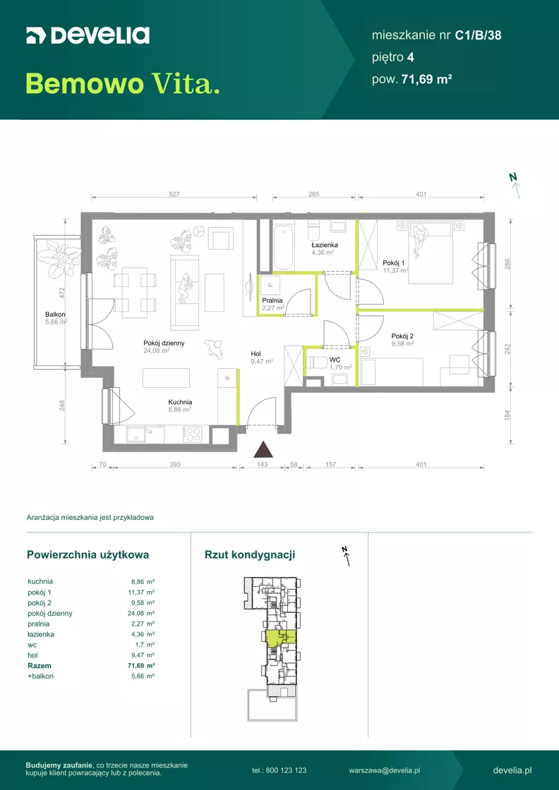 3 pokoje, mieszkanie 71,69 m², piętro 4, oferta nr C1/B/38, Bemowo Vita etap VIII, Warszawa, Bemowo, Chrzanów, ul. Szeligowska 57
