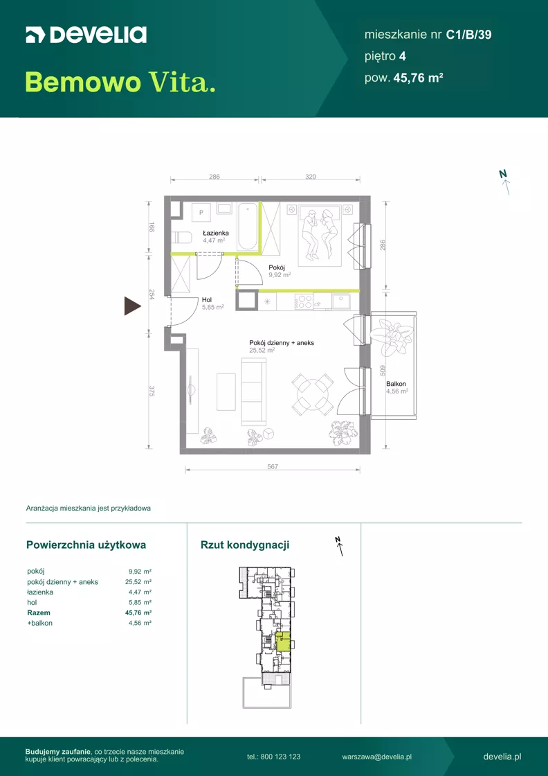 2 pokoje, mieszkanie 45,76 m², piętro 4, oferta nr C1/B/39, Bemowo Vita etap VIII, Warszawa, Bemowo, Chrzanów, ul. Szeligowska 57