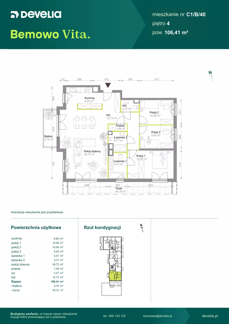 4 pokoje, mieszkanie 106,41 m², piętro 4, oferta nr C1/B/40, Bemowo Vita etap VIII, Warszawa, Bemowo, Chrzanów, ul. Szeligowska 57
