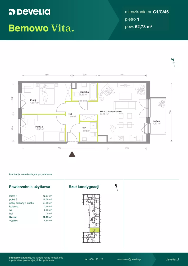 3 pokoje, mieszkanie 62,73 m², piętro 1, oferta nr C1/C/46, Bemowo Vita etap VIII, Warszawa, Bemowo, Chrzanów, ul. Szeligowska 57