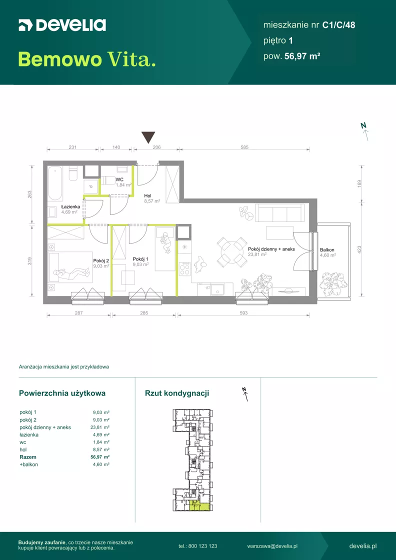 3 pokoje, mieszkanie 56,97 m², piętro 1, oferta nr C1/C/48, Bemowo Vita etap VIII, Warszawa, Bemowo, Chrzanów, ul. Szeligowska 57
