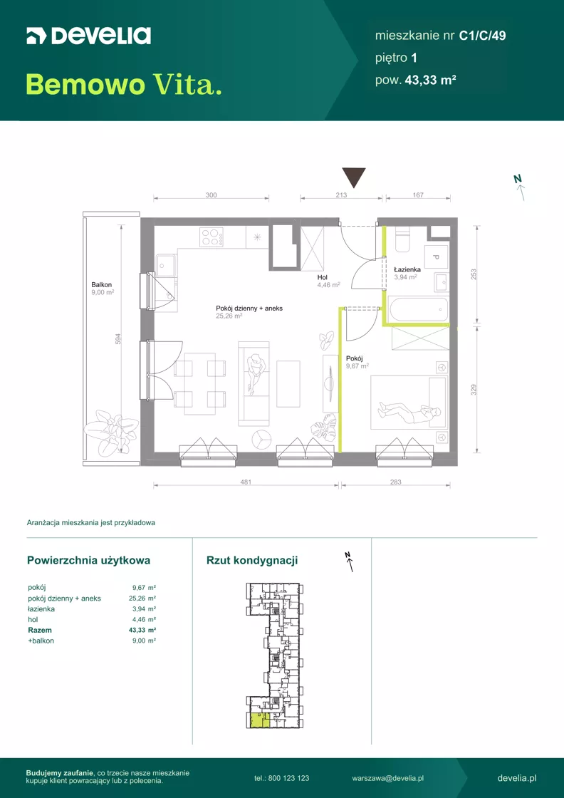 2 pokoje, mieszkanie 43,33 m², piętro 1, oferta nr C1/C/49, Bemowo Vita etap VIII, Warszawa, Bemowo, Chrzanów, ul. Szeligowska 57