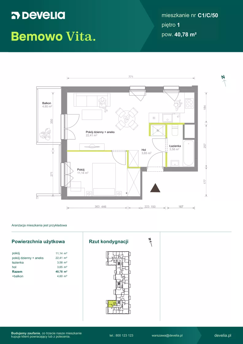 2 pokoje, mieszkanie 40,78 m², piętro 1, oferta nr C1/C/50, Bemowo Vita etap VIII, Warszawa, Bemowo, Chrzanów, ul. Szeligowska 57