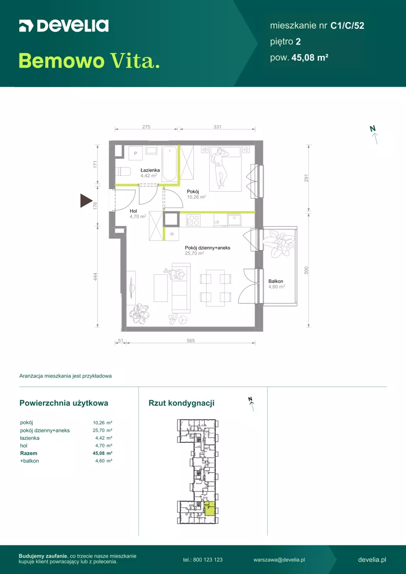 2 pokoje, mieszkanie 45,08 m², piętro 2, oferta nr C1/C/52, Bemowo Vita etap VIII, Warszawa, Bemowo, Chrzanów, ul. Szeligowska 57