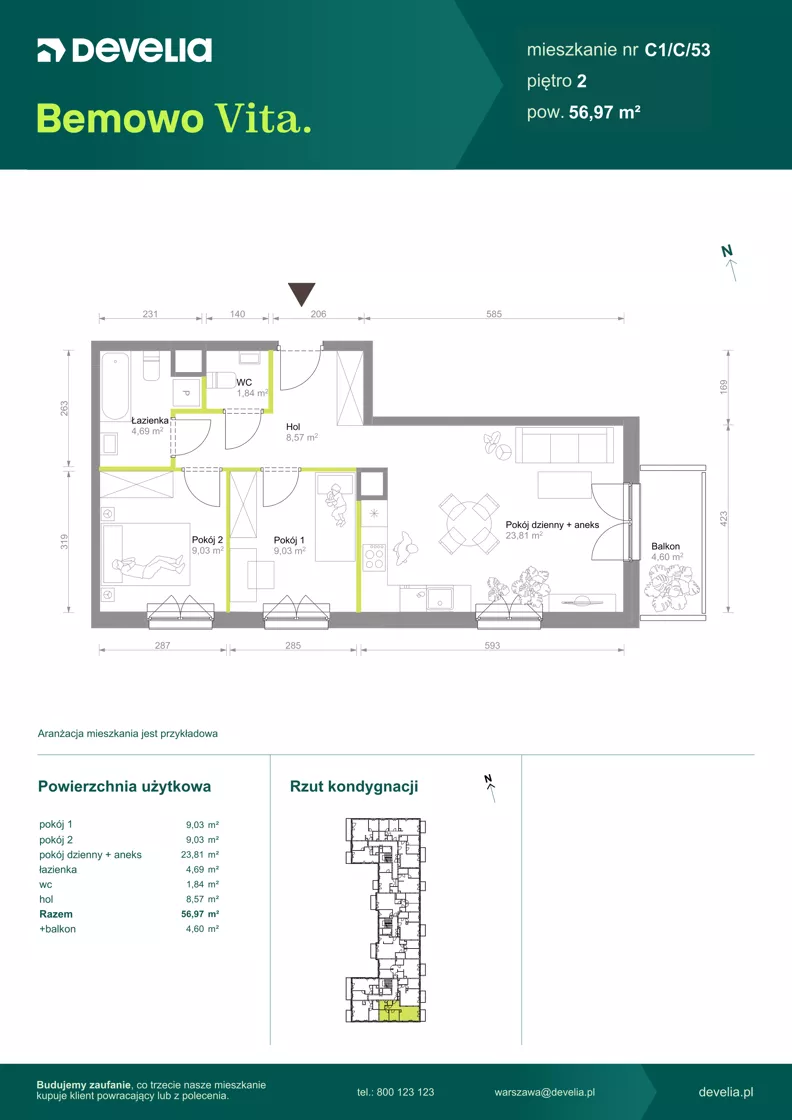 3 pokoje, mieszkanie 56,97 m², piętro 2, oferta nr C1/C/53, Bemowo Vita etap VIII, Warszawa, Bemowo, Chrzanów, ul. Szeligowska 57