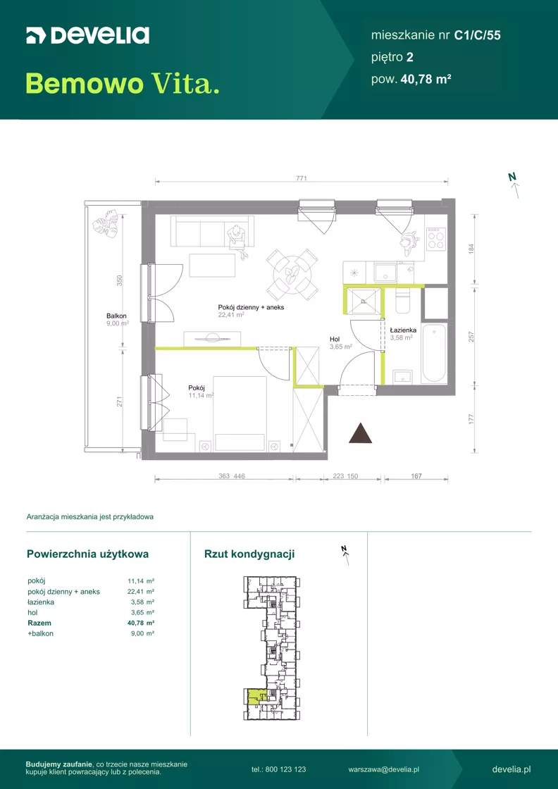 2 pokoje, mieszkanie 40,78 m², piętro 2, oferta nr C1/C/55, Bemowo Vita etap VIII, Warszawa, Bemowo, Chrzanów, ul. Szeligowska 57