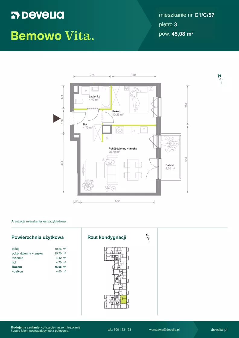 2 pokoje, mieszkanie 45,08 m², piętro 3, oferta nr C1/C/57, Bemowo Vita etap VIII, Warszawa, Bemowo, Chrzanów, ul. Szeligowska 57