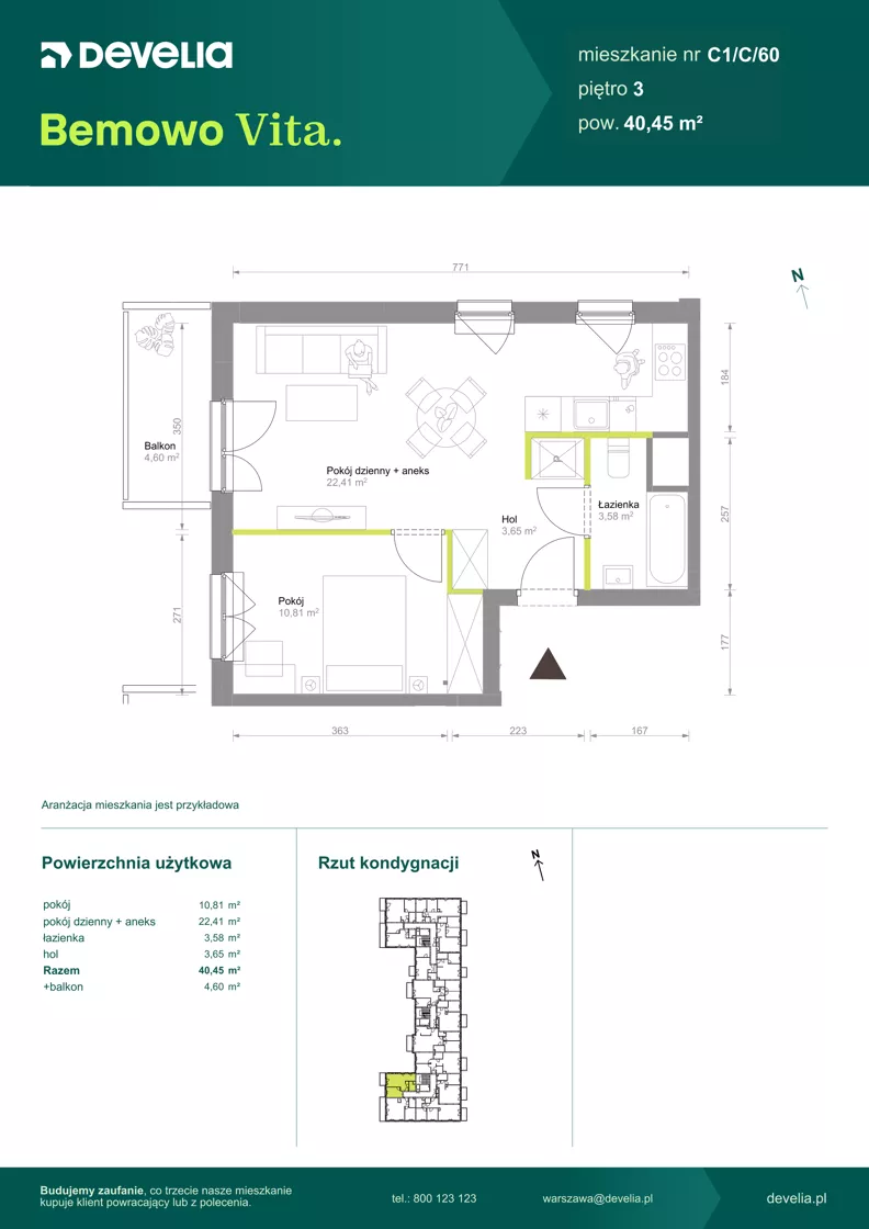 2 pokoje, mieszkanie 40,45 m², piętro 3, oferta nr C1/C/60, Bemowo Vita etap VIII, Warszawa, Bemowo, Chrzanów, ul. Szeligowska 57	