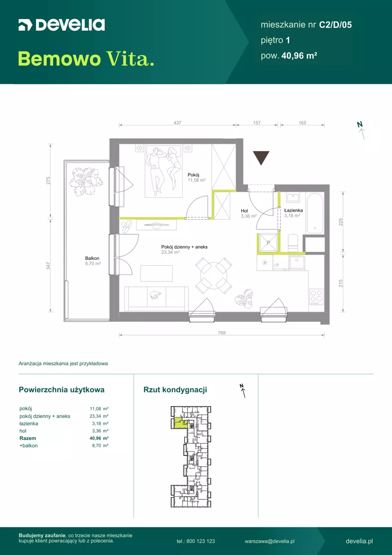 2 pokoje, mieszkanie 40,96 m², piętro 1, oferta nr C2/D/05, Bemowo Vita etap VIII, Warszawa, Bemowo, Chrzanów, ul. Szeligowska 57