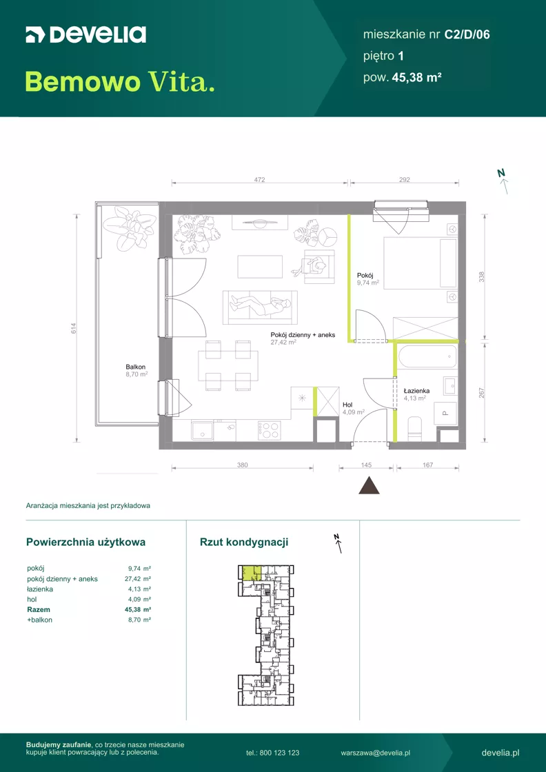 2 pokoje, mieszkanie 45,38 m², piętro 1, oferta nr C2/D/06, Bemowo Vita etap VIII, Warszawa, Bemowo, Chrzanów, ul. Szeligowska 57