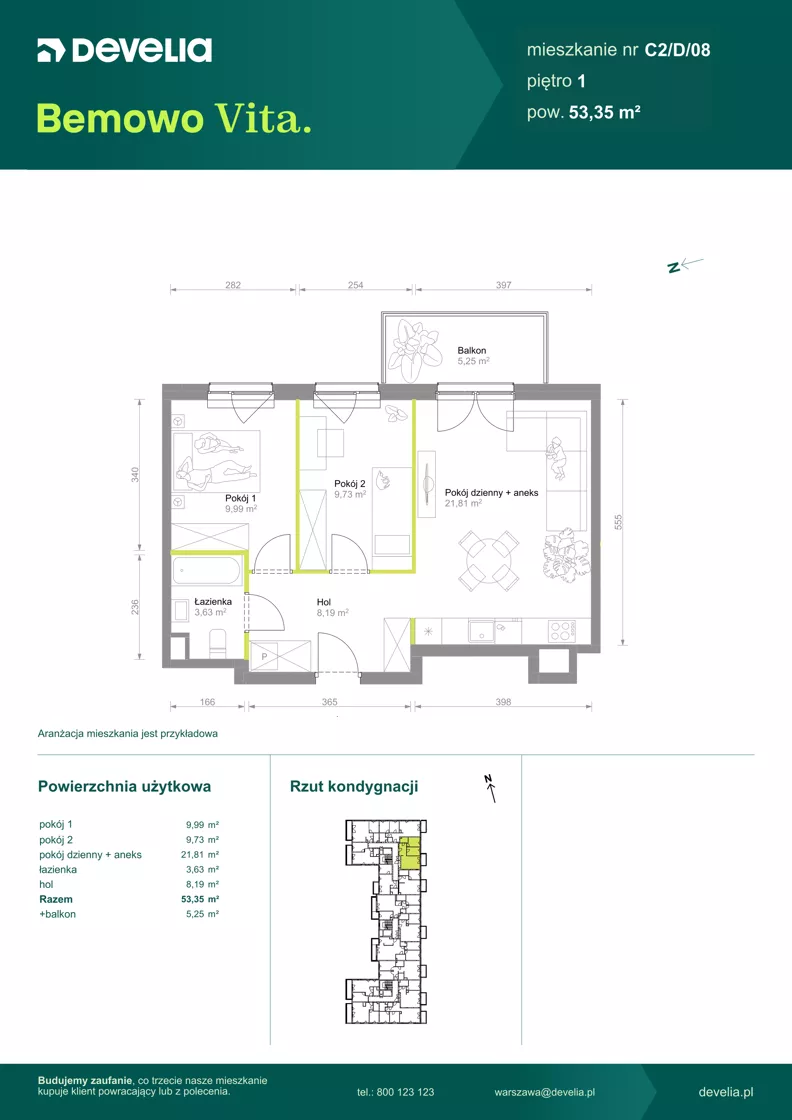 3 pokoje, mieszkanie 53,35 m², piętro 1, oferta nr C2/D/08, Bemowo Vita etap VIII, Warszawa, Bemowo, Chrzanów, ul. Szeligowska 57