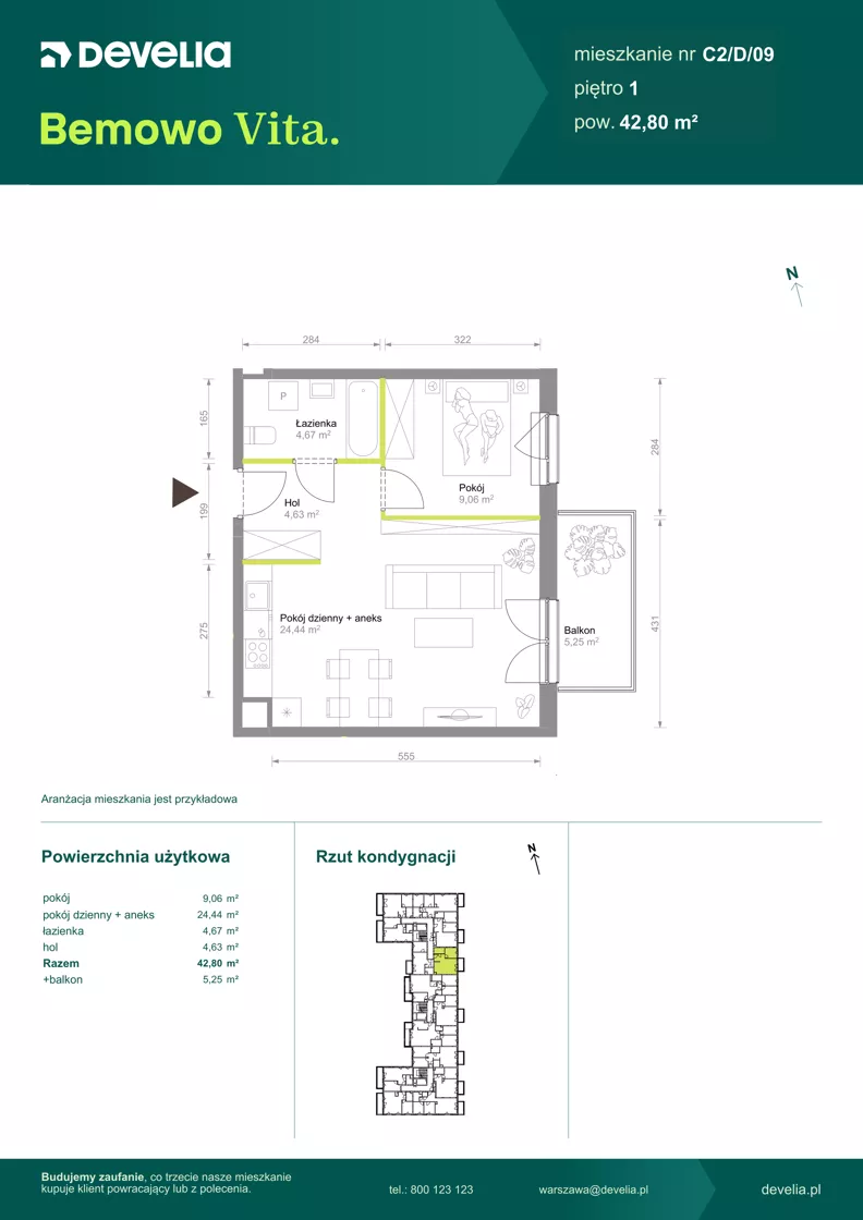 2 pokoje, mieszkanie 42,80 m², piętro 1, oferta nr C2/D/09, Bemowo Vita etap VIII, Warszawa, Bemowo, Chrzanów, ul. Szeligowska 57