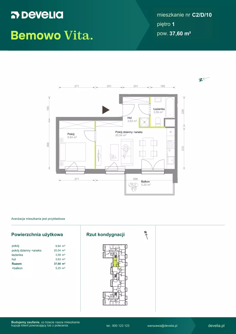 2 pokoje, mieszkanie 37,60 m², piętro 1, oferta nr C2/D/10, Bemowo Vita etap VIII, Warszawa, Bemowo, Chrzanów, ul. Szeligowska 57	
