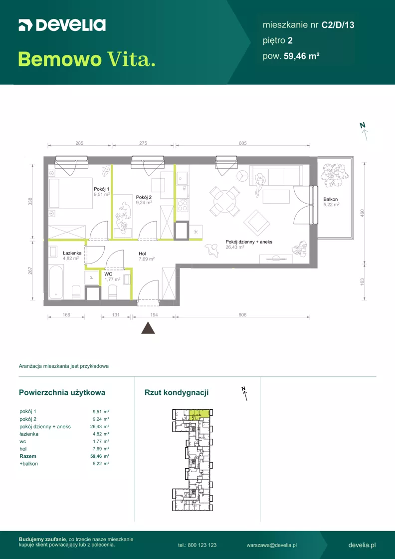 3 pokoje, mieszkanie 59,46 m², piętro 2, oferta nr C2/D/13, Bemowo Vita etap VIII, Warszawa, Bemowo, Chrzanów, ul. Szeligowska 57	
