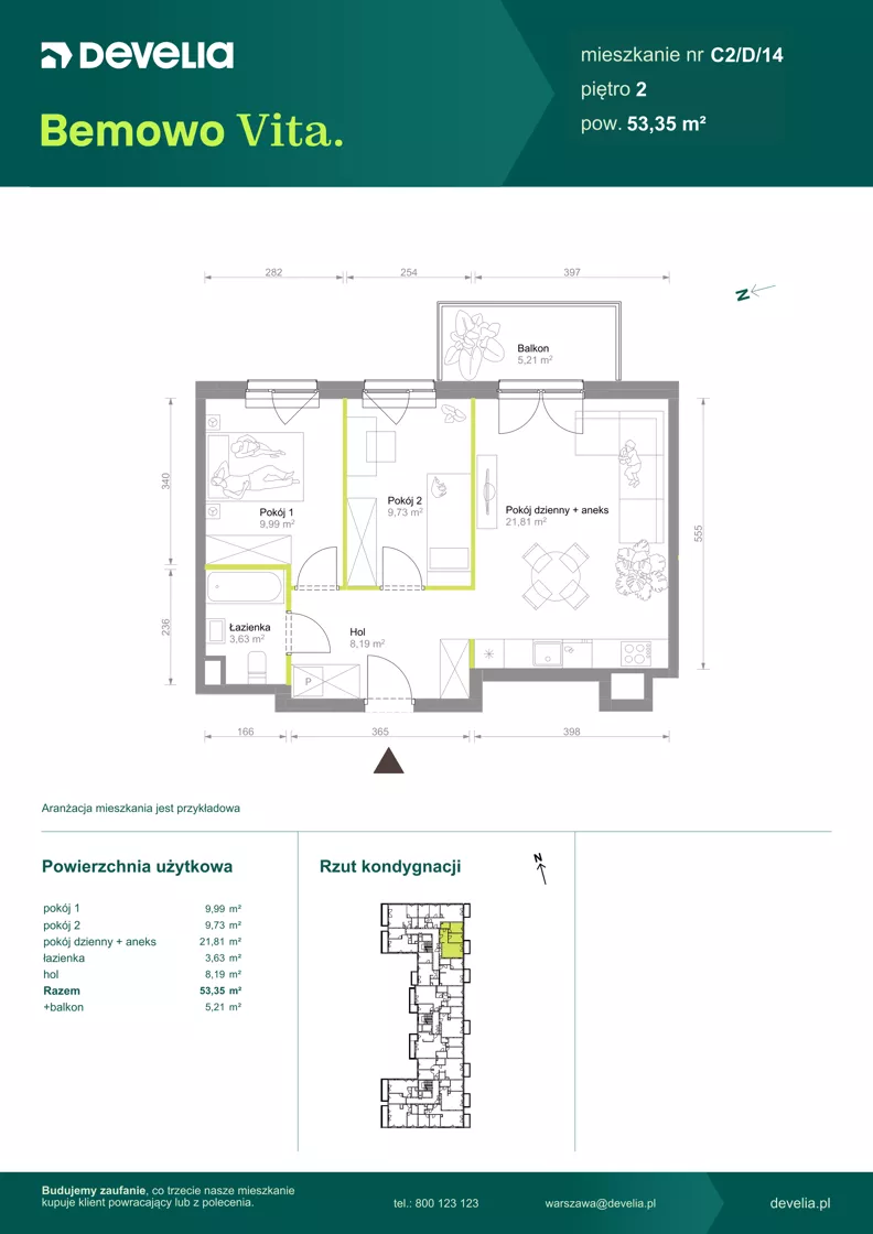 3 pokoje, mieszkanie 53,35 m², piętro 2, oferta nr C2/D/14, Bemowo Vita etap VIII, Warszawa, Bemowo, Chrzanów, ul. Szeligowska 57
