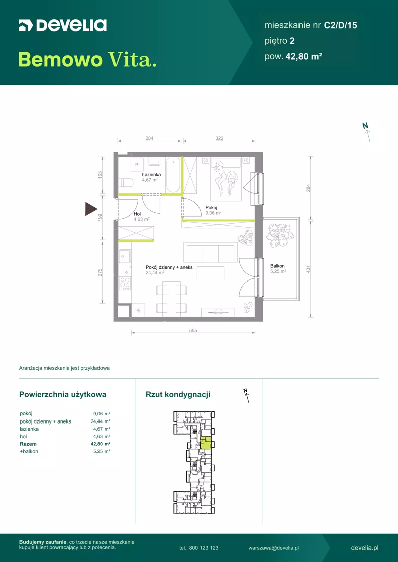2 pokoje, mieszkanie 42,80 m², piętro 2, oferta nr C2/D/15, Bemowo Vita etap VIII, Warszawa, Bemowo, Chrzanów, ul. Szeligowska 57