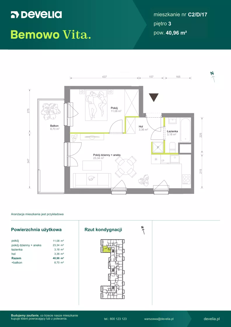 2 pokoje, mieszkanie 40,96 m², piętro 3, oferta nr C2/D/17, Bemowo Vita etap VIII, Warszawa, Bemowo, Chrzanów, ul. Szeligowska 57
