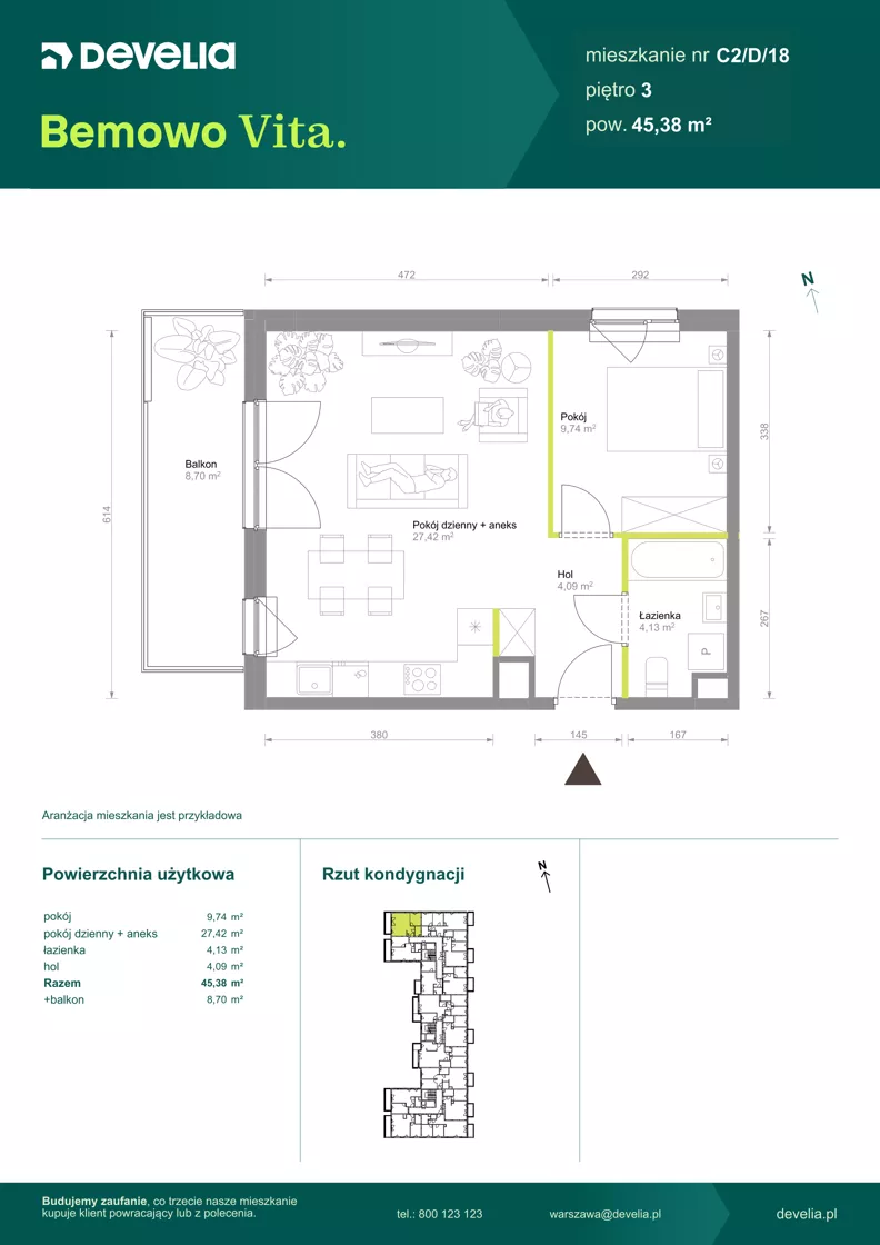 2 pokoje, mieszkanie 45,38 m², piętro 3, oferta nr C2/D/18, Bemowo Vita etap VIII, Warszawa, Bemowo, Chrzanów, ul. Szeligowska 57	