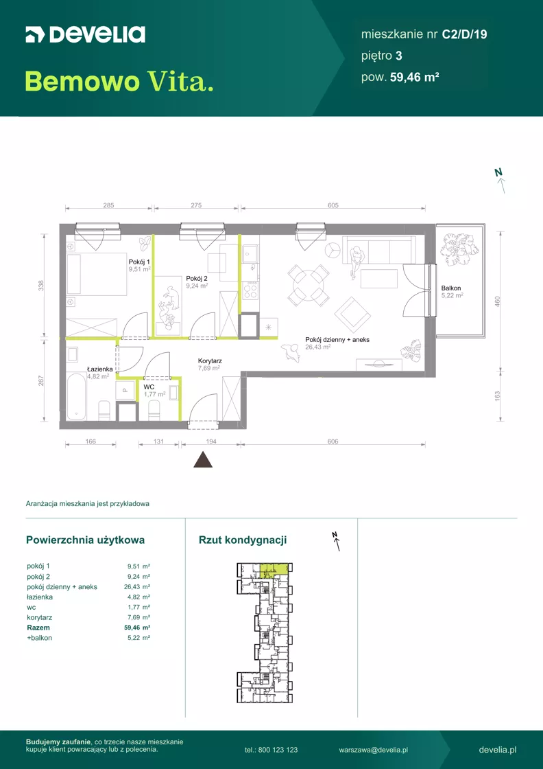 3 pokoje, mieszkanie 59,46 m², piętro 3, oferta nr C2/D/19, Bemowo Vita etap VIII, Warszawa, Bemowo, Chrzanów, ul. Szeligowska 57