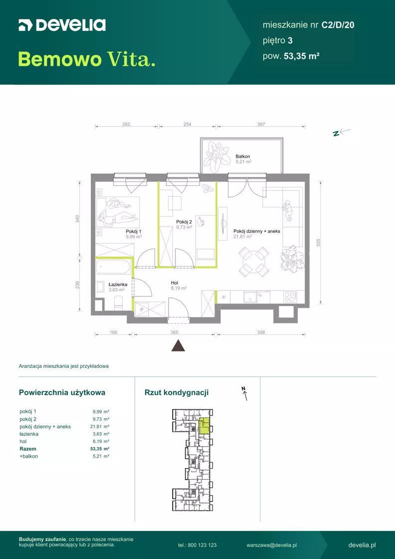 3 pokoje, mieszkanie 53,35 m², piętro 3, oferta nr C2/D/20, Bemowo Vita etap VIII, Warszawa, Bemowo, Chrzanów, ul. Szeligowska 57