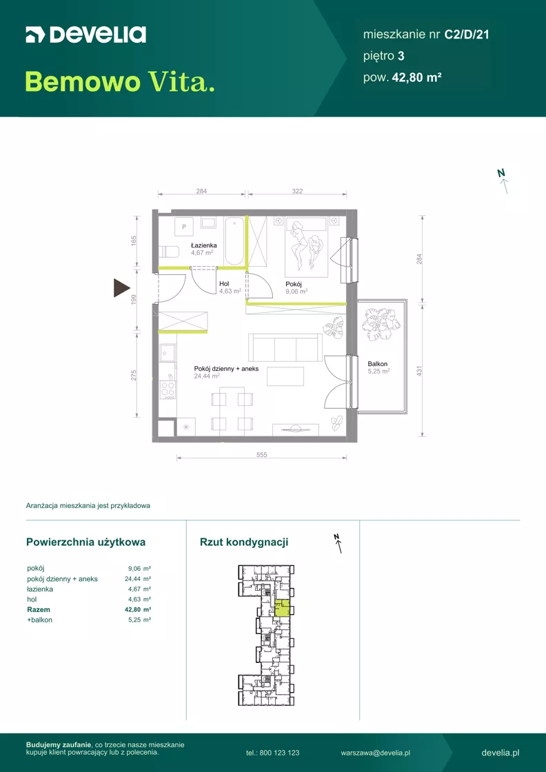 2 pokoje, mieszkanie 42,80 m², piętro 3, oferta nr C2/D/21, Bemowo Vita etap VIII, Warszawa, Bemowo, Chrzanów, ul. Szeligowska 57