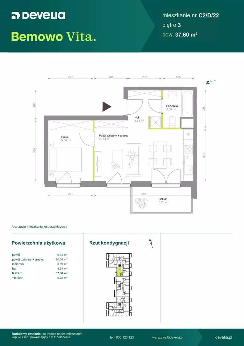 2 pokoje, mieszkanie 37,60 m², piętro 3, oferta nr C2/D/22, Bemowo Vita etap VIII, Warszawa, Bemowo, Chrzanów, ul. Szeligowska 57