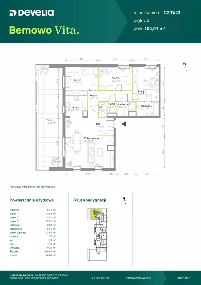 4 pokoje, mieszkanie 104,91 m², piętro 4, oferta nr C2/D/23, Bemowo Vita etap VIII, Warszawa, Bemowo, Chrzanów, ul. Szeligowska 57