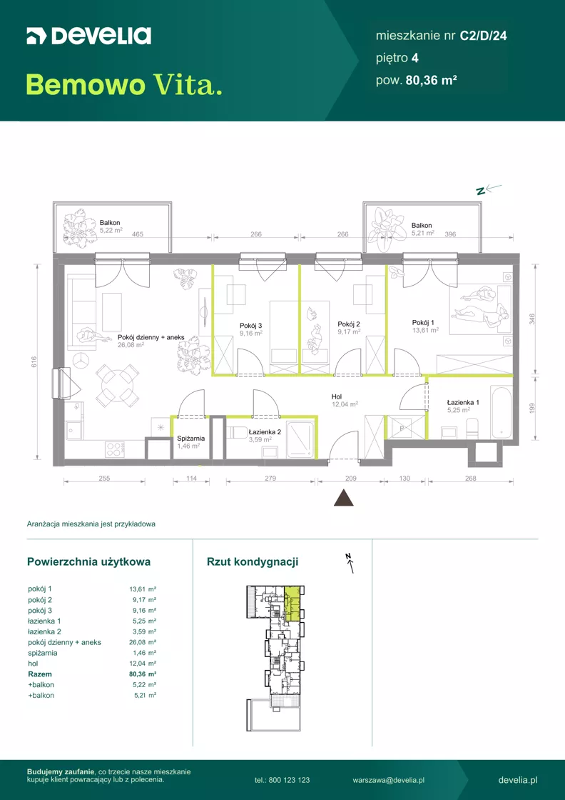 4 pokoje, mieszkanie 80,36 m², piętro 4, oferta nr C2/D/24, Bemowo Vita etap VIII, Warszawa, Bemowo, Chrzanów, ul. Szeligowska 57	